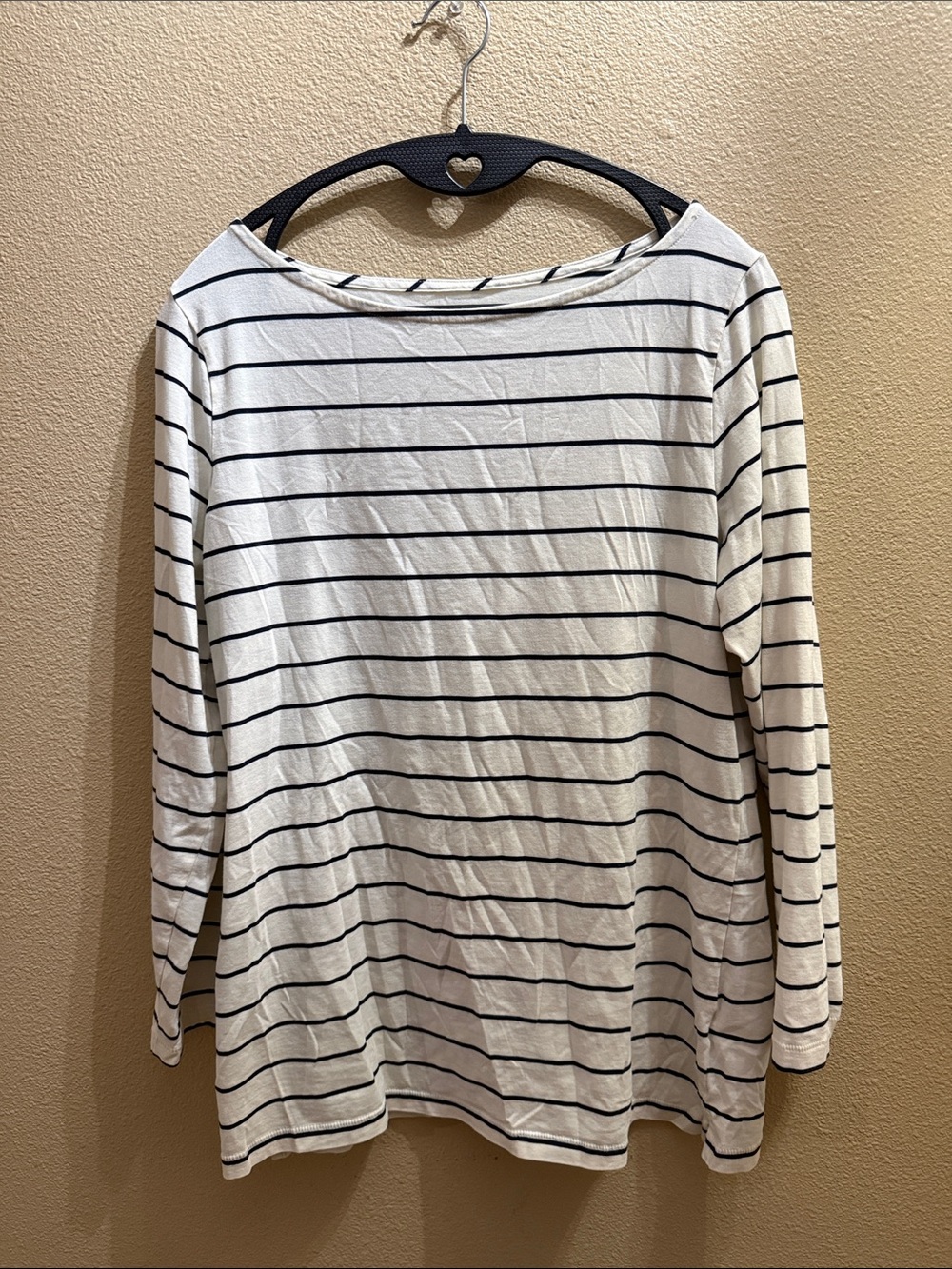 L.L. Bean Stretch Supima Blend White 3/4 Sleeve Top with Navy Stripes